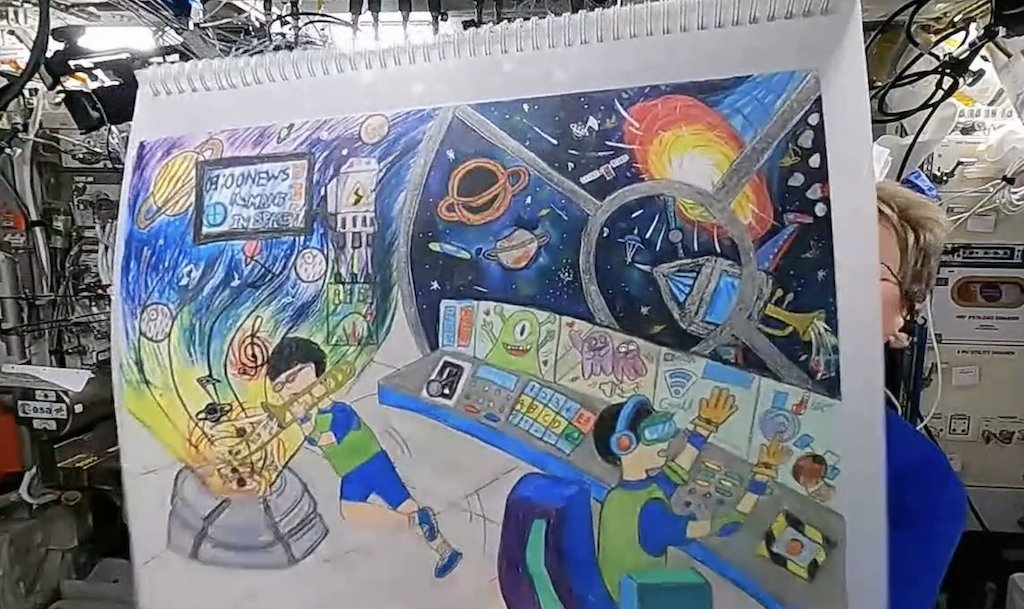AstroPeggy's tweet image. As part of a youth outreach program during #Ax4, I got to share some of the award winning artwork from the 2024 Humans in Space Challenge. These are just a few of the vibrant drawings from the next generation of space explorers.