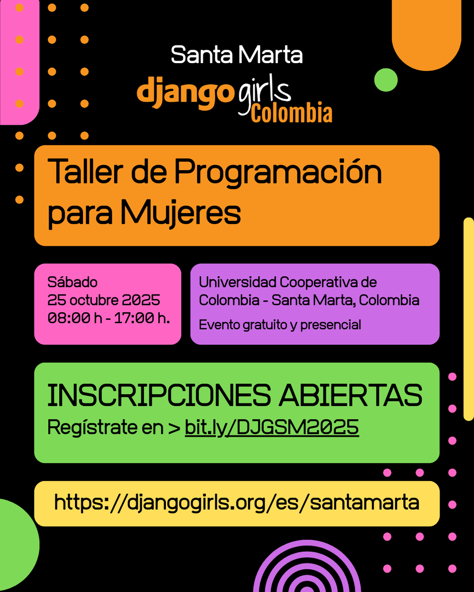 🚀 ¡Django Girls llega a Santa Marta!

📅 25 de octubre 2025
📍 UCC Santa Marta
💻 Crea tu primer sitio web desde cero
🎟 Evento gratuito (cupos limitados, prioridad mujeres)

👉 Más info: djangogirls.org/en/santamarta

#DjangoGirls #Python #ProgramaciónParaTodas