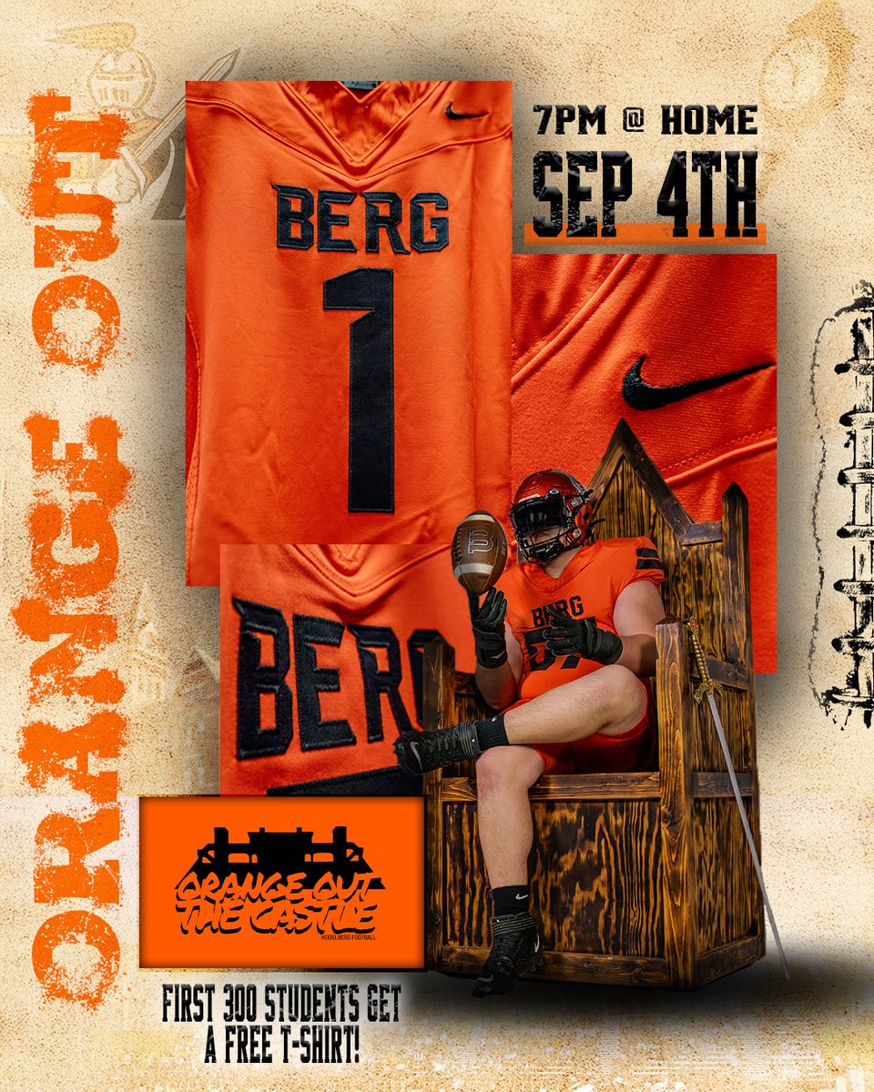 BergFootball's tweet image. 7 DAYS until GAME 1
September 4th at 7pm at the CASTLE!!!
Its going to be an ORANGE OUT! 1st 300 students get a free T-Shirt!
#BergGang