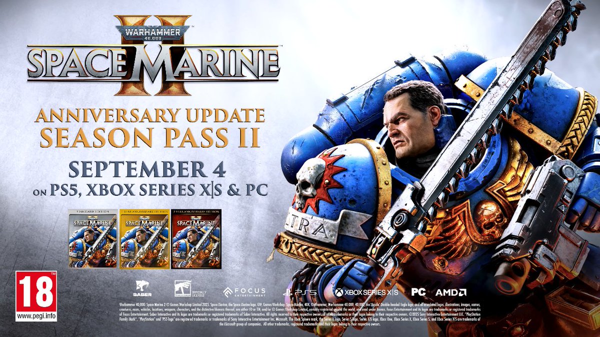 GAMERNEWSonX's tweet image. Space Marine 2 - Year 2 Trailer

Anniversary Update on Sept 4

• New Stratagems (PvE) and Helbrute Onslaught (PvP) game modes
• 4 new Operations &amp;amp; a new Siege map
• 2 new Eternal War arenas
• New Progression mechanics
• New enemies and bosses
• New weapons and free…