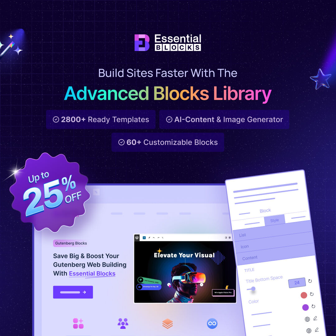EssentialBlocks's tweet image. Unlock AI-powered Efficient Workflow with Essential Blocks PRO — at up to 25% OFF 🤖

You’lI get features like:

✍️ Write with AI – Generate content inside the Gutenberg editor itself
🟪 60+ Customizable Blocks
🔧 3000+ Pre-built Templates 

👉 Grab now: essential-blocks.com/pricing/