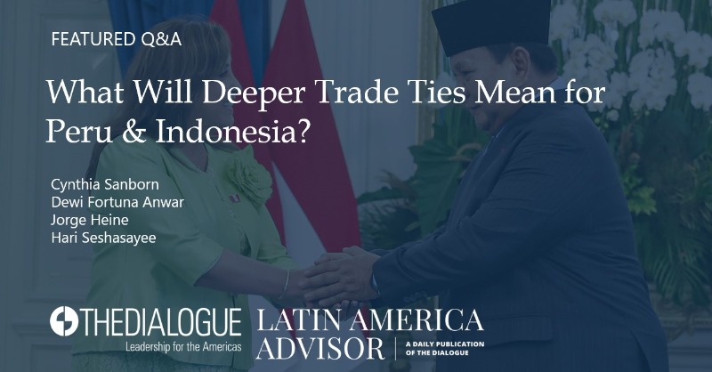 The_Dialogue's tweet photo. What Will Deeper Trade Ties Mean for #Peru &amp; #Indonesia?

Ft. @CSanbornUP (CECHAP), Dewi Fortuna Anwar (Indonesia’s National Research and Innovation Agency), @jorgeheinel (former Chilean ambassador to China), @haricito (Consilium Group/
@ORFonline)

#LatAmAdvisor
