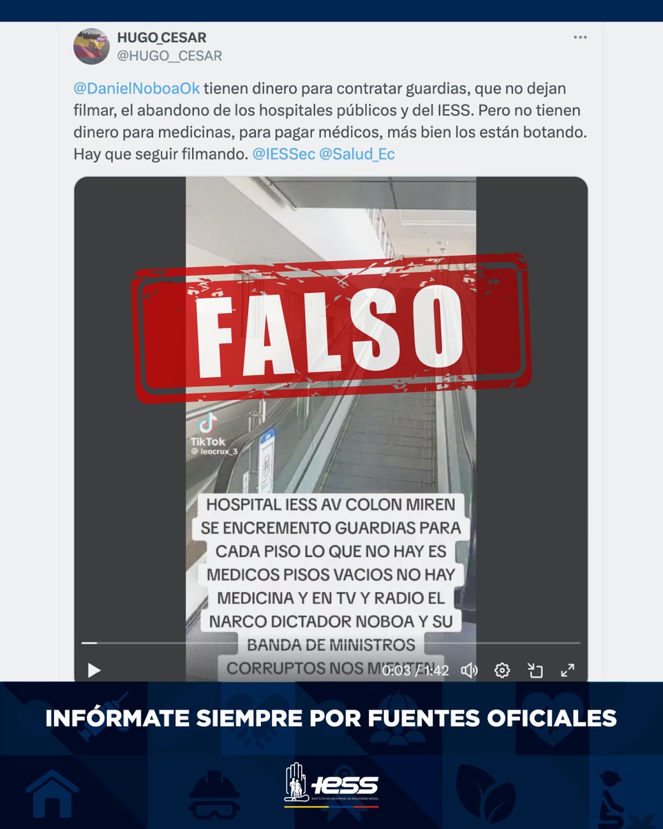 IESS (@iessec) on Twitter photo 📢 Ante los videos que circulan en redes sociales sobre el mal estado del Centro Médico La Mariscal, el #IESSteInforma que son 𝗳𝗮𝗹𝘀𝗼𝘀
✅ El abastecimiento es de 96% medicamentos y 86% insumos
Solicitamos a la ciudadanía mantenerse informada por fuentes oficiales 📢 Ante los videos que circulan en redes sociales sobre el mal estado del Centro Médico La Mariscal, el #IESSteInforma que son 𝗳𝗮𝗹𝘀𝗼𝘀
✅ El abastecimiento es de 96% medicamentos y 86% insumos
Solicitamos a la ciudadanía mantenerse informada por fuentes oficiales