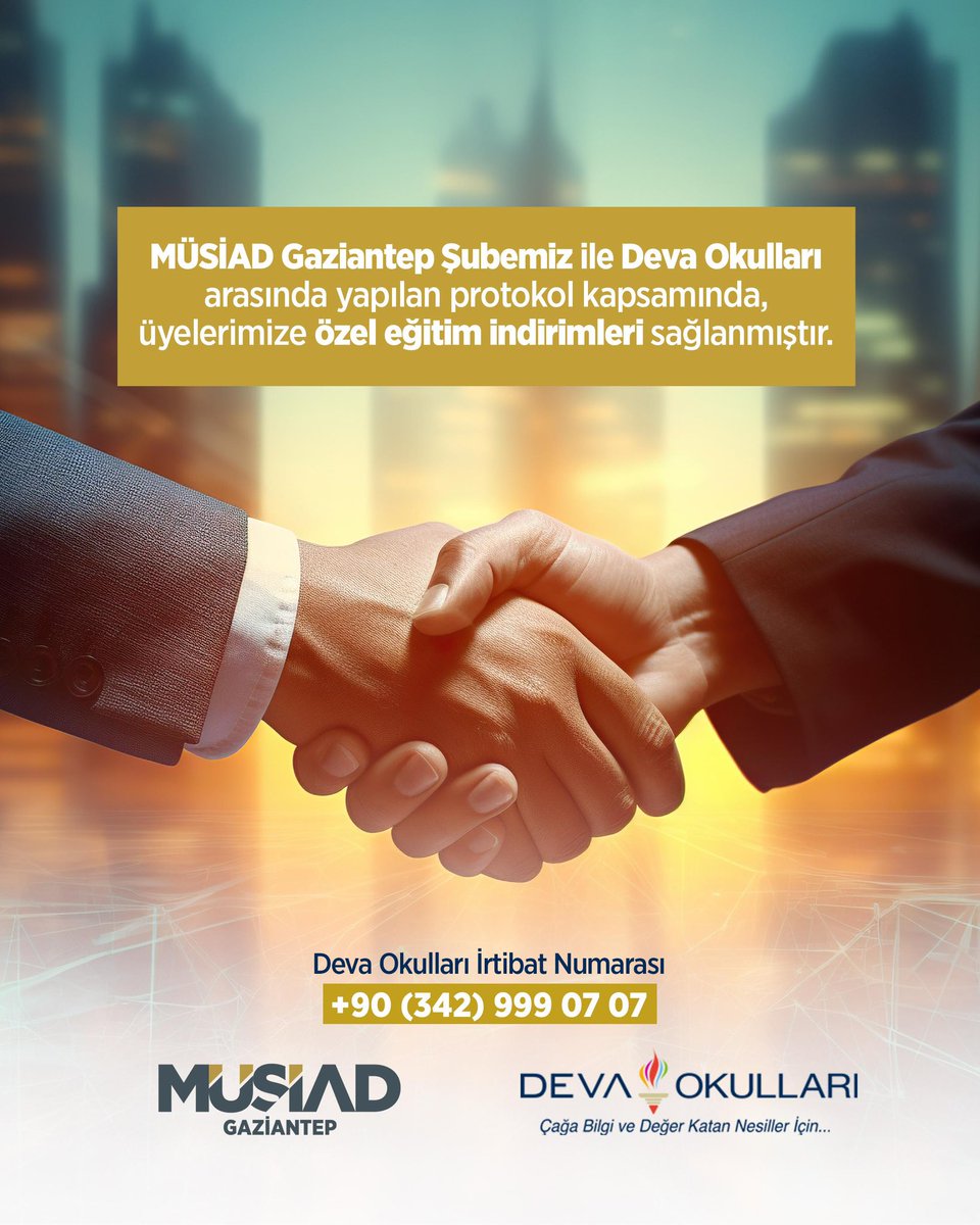 MUSIADGaziantep's tweet photo. MÜSİAD Gaziantep Şubemiz ile Deva Okulları arasında imzalanan iş birliği protokolü kapsamında, üyelerimizin çocuklarına özel eğitim avantajları sunulmaktadır.

Bu protokol ile üyelerimizin ailelerine değer katmayı, eğitim alanında da ayrıcalıklı imkânlar sağlamayı hedefliyoruz.

Tüm üyelerimize ve kıymetli ailelerine hayırlı olmasını temenni ederiz.

@BurhanOzdemirTR 
@OzdurduFurkan 
@BEYHANTAHMAZOGL 
@MUSIAD 
@DevaOkullari