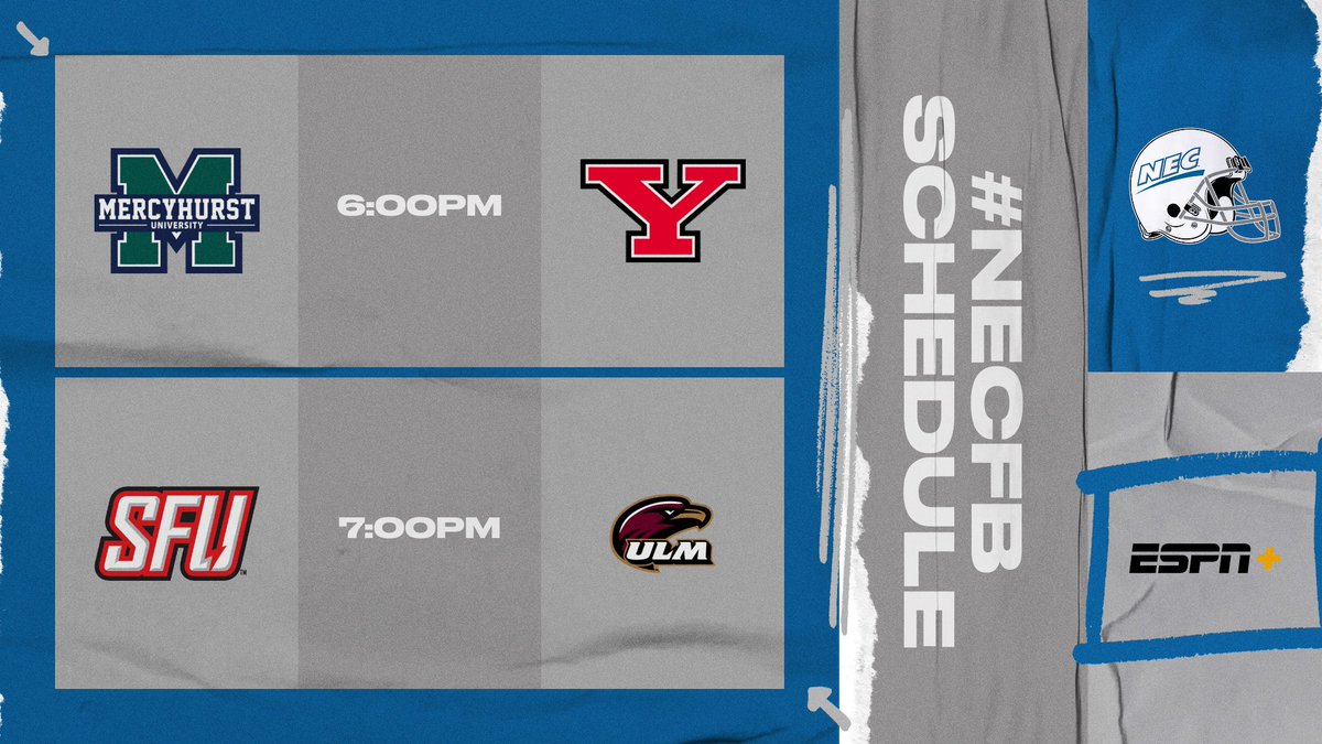 It's 𝗦𝗛𝗢𝗪𝗧𝗜𝗠𝗘. 🏈✨

<a href="/MercyhurstFB/">Mercyhurst Football</a> &amp; <a href="/RedFlashFB/">Saint Francis Football</a> kick off #NECFB Opening Weekend on Thursday evening!

📺 Catch both road games on <a href="/ESPNPlus/">ESPN+</a>.