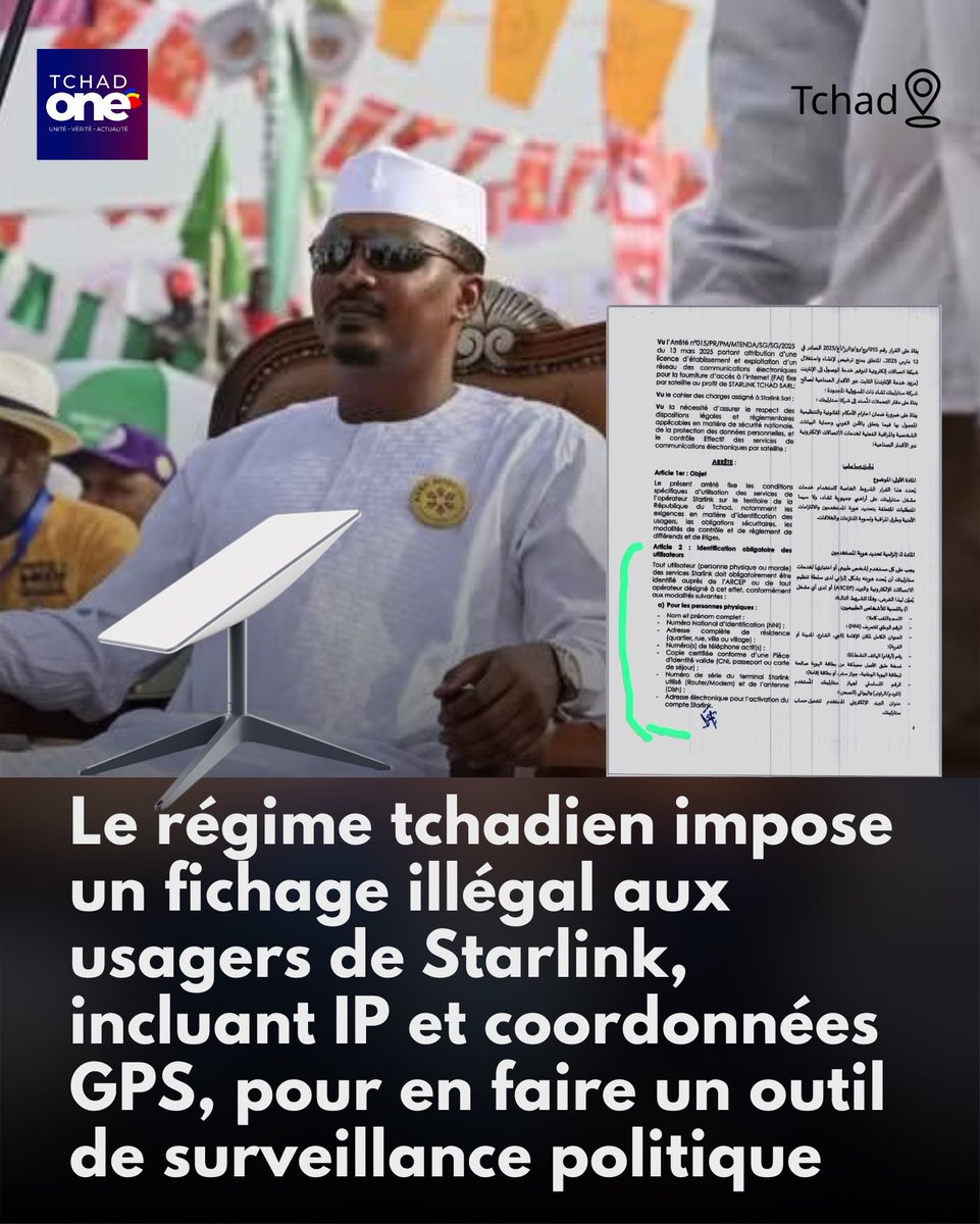 TchadOne's tweet photo. 🔴 🇹🇩 Le régime tchadien impose un fichage inédit et illégal aux usagers de Starlink, transformant l’accès à Internet en outil de surveillance politique. Mais des citoyens contournent déjà ce dispositif grâce à des enregistrements transfrontaliers, des routages IP et des pratiques d’autodéfense numérique.