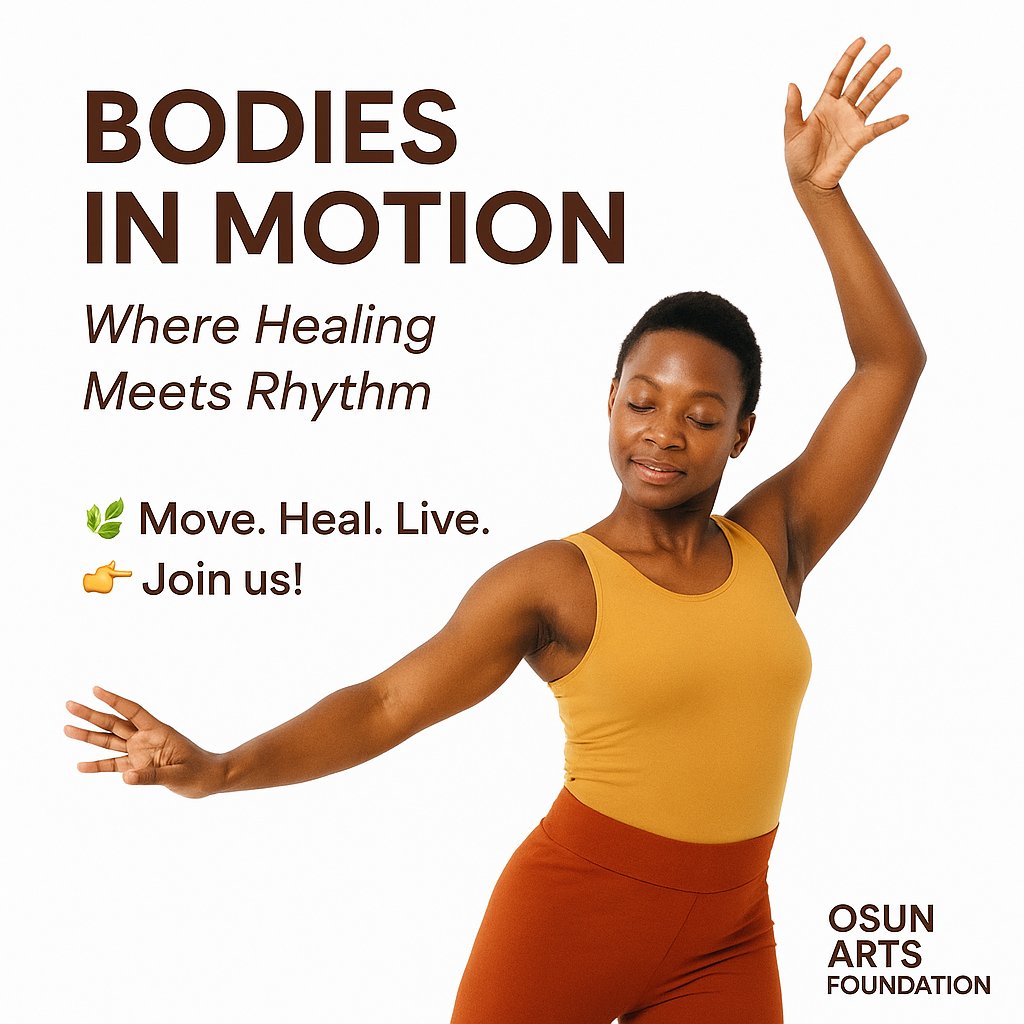 ✨ Bodies in Motion: Where Healing Meets Rhythm✨

Movement is a therapy. 💃🕺
At Osun Arts Foundation, Bodies in Motion brings dance, music, and wellness together to spark joy, restore balance, and awaken the body’s natural rhythm.

🌿 Move. Heal. Live.
👉 Join us

#osunarts