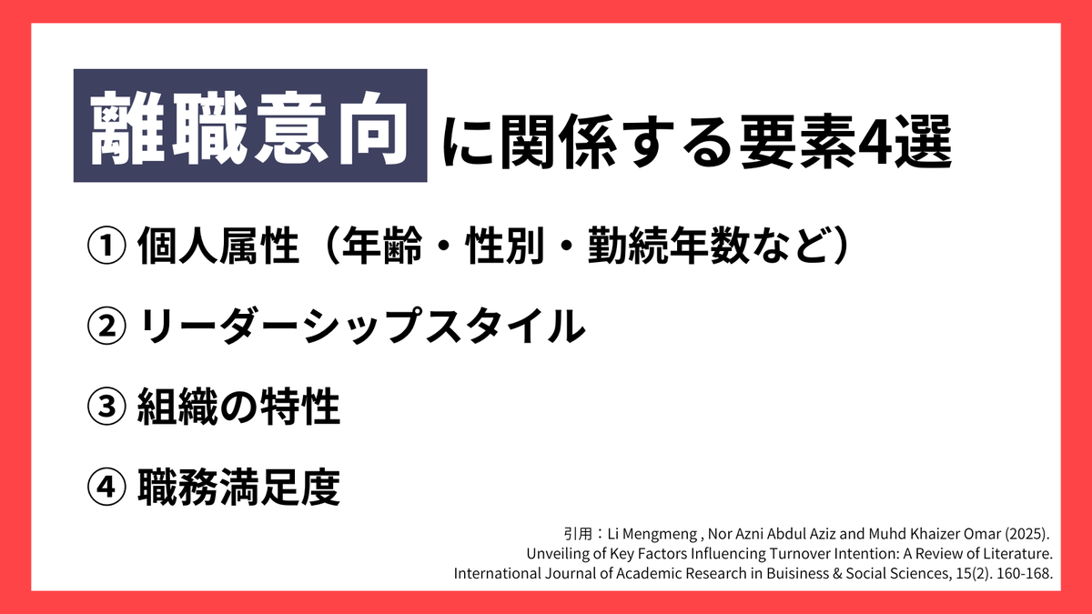 おはようございます！☀️

人事や経営陣にとって、人材定着や離職の問題は、人的資本経営の時代に看過できないものですよね。
 今日は、従業員が「辞めたい」と感じる原因に関する研究をご紹介します！

📘人が「辞めたい」と感じる4つの要因とは？