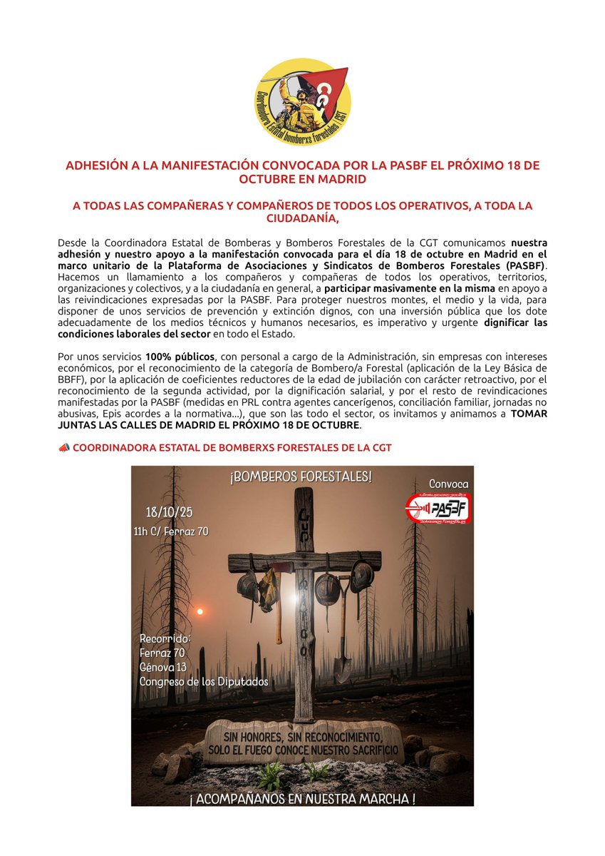 FETAPCGT's tweet photo. Adhesión a la manifestación convocada x la @PASBF el próximo 18 d octubre en Madrid

📢 Comunicado de la Coordinadora Estatal de Bomberxs Forestales de la @CGT https://t.co/IlY9WtdQz1