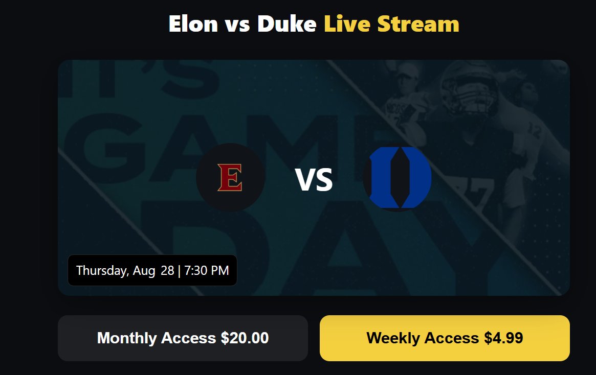 ElonvsDuke's tweet image. 𝑮𝑨𝑴𝑬𝑫𝑨𝒀
Watch Elon vs Duke Live Stream | College Football 2025 🏈  
📅 Thursday, August  28, 2025 | 🕖 7:30 PM
🔴 Stream Here ➡  gamepasstv.site/ncaaf/stream.p…
🔥 Don’t miss Duke vs Elon – Live Coverage &amp;amp; Real-Time Update!
