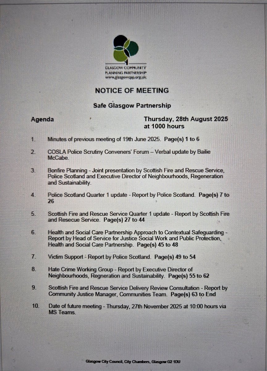 Productive Safe Glasgow meeting.  Pleased to continue the role as Bonfire Safety Champion 
Our new Hate Crime policy was confirmed. Delighted to be working alongside Shaheen Baber again. He will bring  new ideas &amp; a wealth of experience as a former officer within Police Scotland.