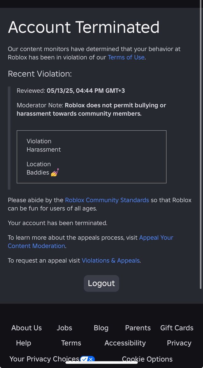 Geohilfiger's tweet image. @Roblox my account “2008pro78” was terminated for alleged harassment, but I never intended harm. I missed the appeal window and now I can’t even explain my side. Please review my case — I just want to play fairly again. Please i wasted a lot of money. #RobloxAppeal #RobloxHelp