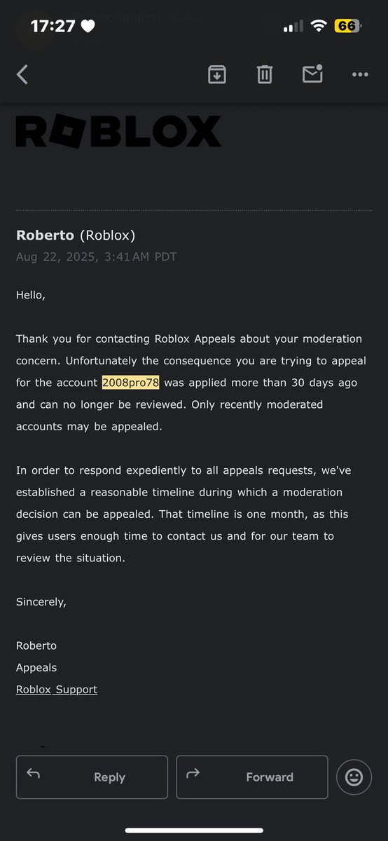 Geohilfiger's tweet image. @Roblox my account “2008pro78” was terminated for alleged harassment, but I never intended harm. I missed the appeal window and now I can’t even explain my side. Please review my case — I just want to play fairly again. Please i wasted a lot of money. #RobloxAppeal #RobloxHelp