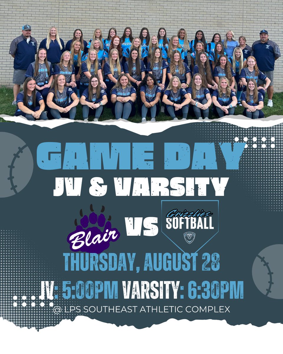 It's GAME DAY Grizzlies! Tonight softball takes on Blair in an EMC match up game! JV starts at 5pm and Varsity will follow at 6:30. Come enjoy a nice night out at the softball field showing your Grizzly Pride! #GoGrizzGo
