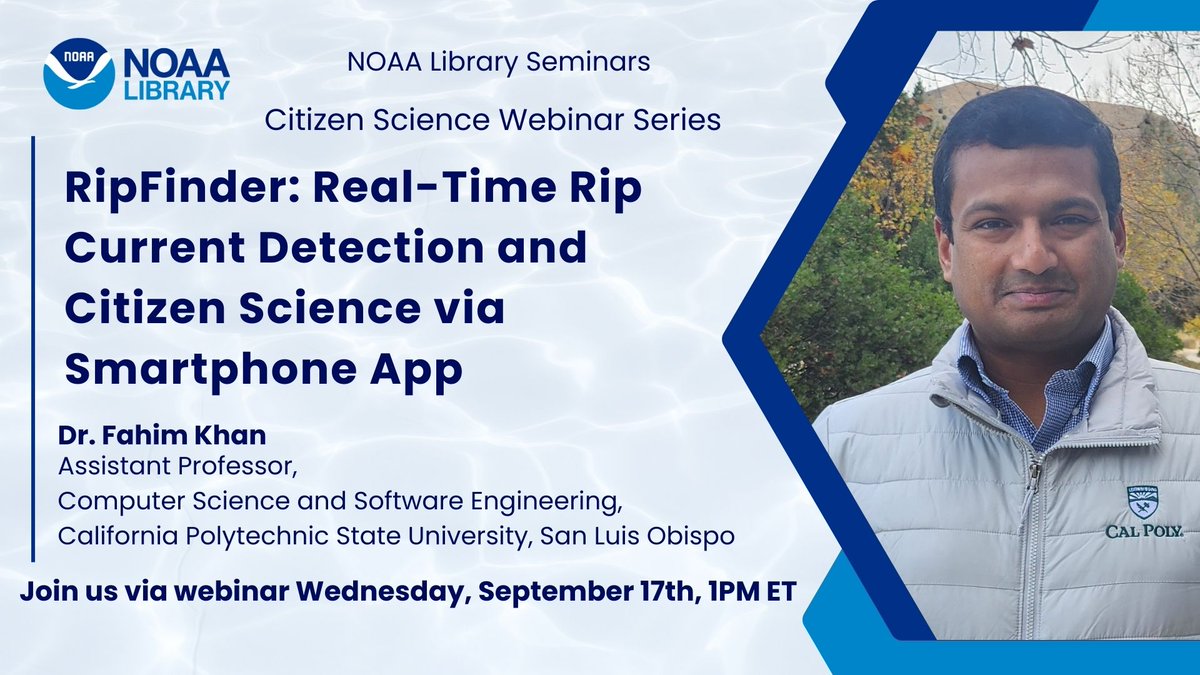NOAA Library (@noaalibrary) on Twitter photo Join us tomorrow, Sep 17th at 1pm, our next Citizen Science seminar.
RipFinder: Real-Time Rip Current Detection and Citizen Science via Smartphone App
Register: vimeo.com/event/5339752 Join us tomorrow, Sep 17th at 1pm, our next Citizen Science seminar.
RipFinder: Real-Time Rip Current Detection and Citizen Science via Smartphone App
Register: vimeo.com/event/5339752