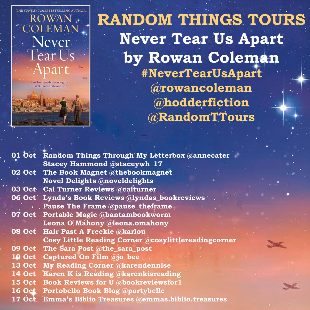 Delighted to organise this #RandomThingsTours Blog Tour for #NeverTearUsApart by #RowanColeman
Begins 01 October 

<a href="/annecater/">Anne Cater 🇺🇦 🏳️‍🌈</a> 
<a href="/thebookmagnet/">Michelle Ryles</a> 
<a href="/KirstHutchison/">Novel Delights</a> 
<a href="/calturner/">Cal Turner 📚💙</a> 
<a href="/LyndaCheckley/">Lynda’s Book Reviews and News</a> 
<a href="/bantambookworm/">📚⚽ Kate ⚽📚</a> 
<a href="/karlou/">Karen Cole</a> 
<a href="/the_sara_post/">Sara Northey</a> 
<a href="/jo_bee/">jo_bee</a> 
<a href="/karendennise/">Karen</a> 
<a href="/KarenKingston8/">KarenKisreading 📚🐾</a>