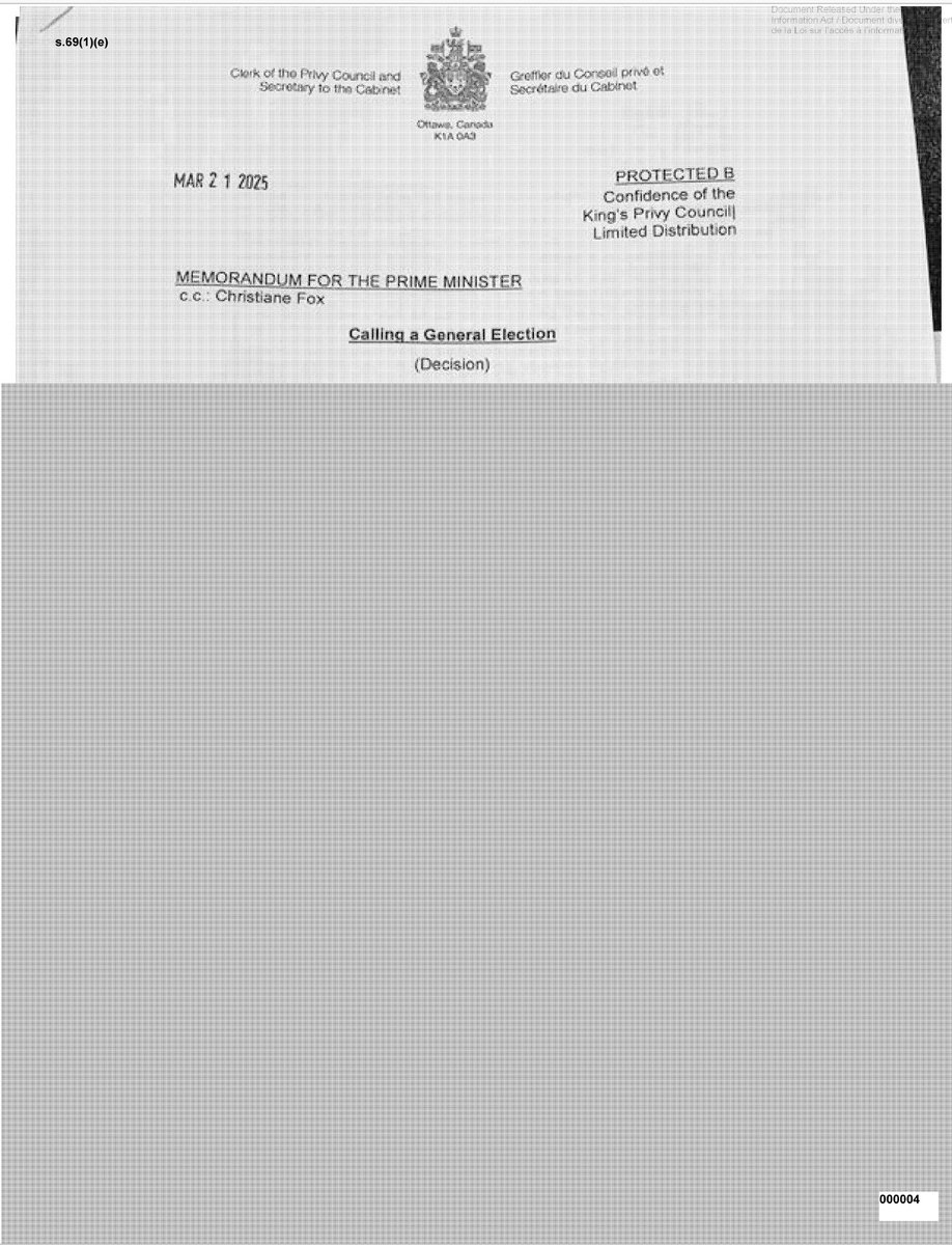 What was Prime Minister Carney's official reason for calling the April election? In the declaration, it was mentioned that he'd shown cabinet a "report" explaining his decision. I was curious what the report said, so I filed a Freedom of Information thing, but its's all redacted.