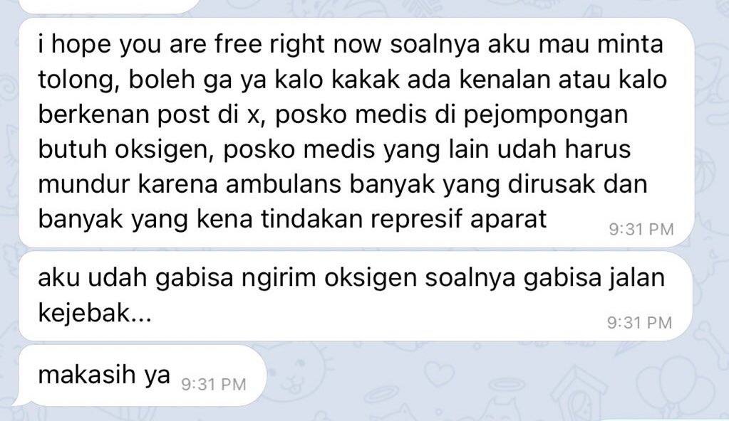 HELP RETWEET!!

POSKO MEDIS PEJOMPONGAN BUTUH OKSIGEN. YANG MASIH DI AREA MINTA TOLONG UNTUK MEMBERI BANTUAN OKSIGEN ATAU MEDIS. RELAWAN YG MENGIRIM OKSIGEN TERJEBAK GAK BISA JALAN.

tag <a href="/humaniesproject/">Humanies Project</a> <a href="/BudiBukanIntel/">Budi Berdikari 🐿🦉🎨🔮🧟‍♀️☔🦚🍂🔨📜</a> <a href="/barengwarga/">Bareng Warga - #IndonesiaGelap</a>