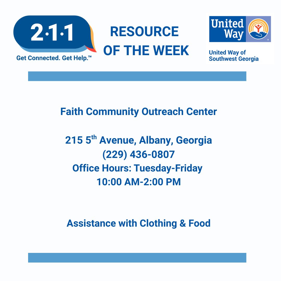 UnitedWaySWGA's tweet photo. 🌟 Community Resource of the Week 🌟
Looking for support or services in your area? This week, we’re spotlighting Faith Community Outreach Center.
#CommunitySupport #LocalResources #HelpingHands #211Resource https://t.co/4amfpijgAj