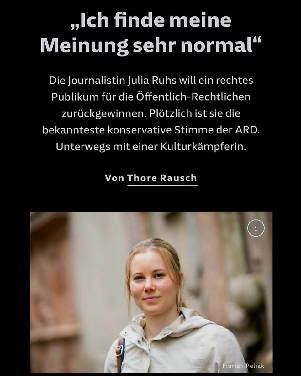 Julia Ruhs (@juliaruhs) on Twitter photo Für die <a href="/SZ/">Süddeutsche Zeitung</a> bin ich eine Kulturkämpferin. Eine, die provoziert. Dabei reicht heute schon eine normale Meinung, um als provokant zu gelten. Ich würde sagen, ich bin nicht in der Gesellschaft umstritten. Nur in Medien, die ihren Draht zur Durchschnittsbevölkerung verloren haben. Für die <a href="/SZ/">Süddeutsche Zeitung</a> bin ich eine Kulturkämpferin. Eine, die provoziert. Dabei reicht heute schon eine normale Meinung, um als provokant zu gelten. Ich würde sagen, ich bin nicht in der Gesellschaft umstritten. Nur in Medien, die ihren Draht zur Durchschnittsbevölkerung verloren haben.