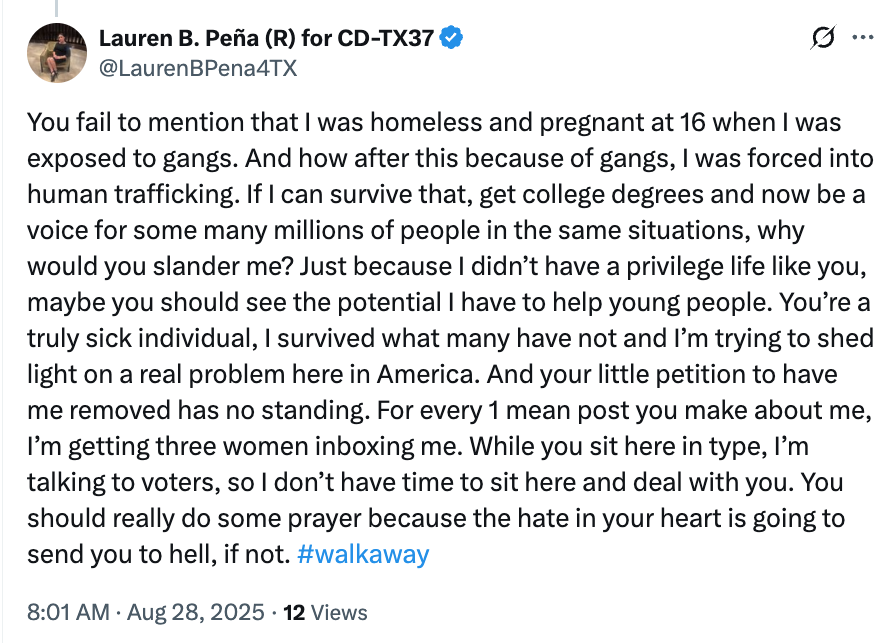 Lauren's entire reply is a distraction. Personal struggles don't excuse openly admitting to selling cocaine in a strip club and then acting like accountability is optional. 

Running for Congress means transparency, consistency, and trust. Lauren has shown none of those. Blaming,