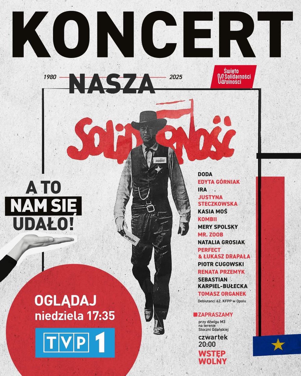 TVP's tweet image. W 45. rocznicę porozumień sierpniowych wielki koncert 👉 Nasza Solidarność. A to nam się udało❗✌ #naŻywo na terenie Stoczni Gdańskiej w czwartek o 20:00, a w TVP1  💙 w niedzielę 31.08 o 17:35❗ Zobaczcie listę naszych gwiazd ✨