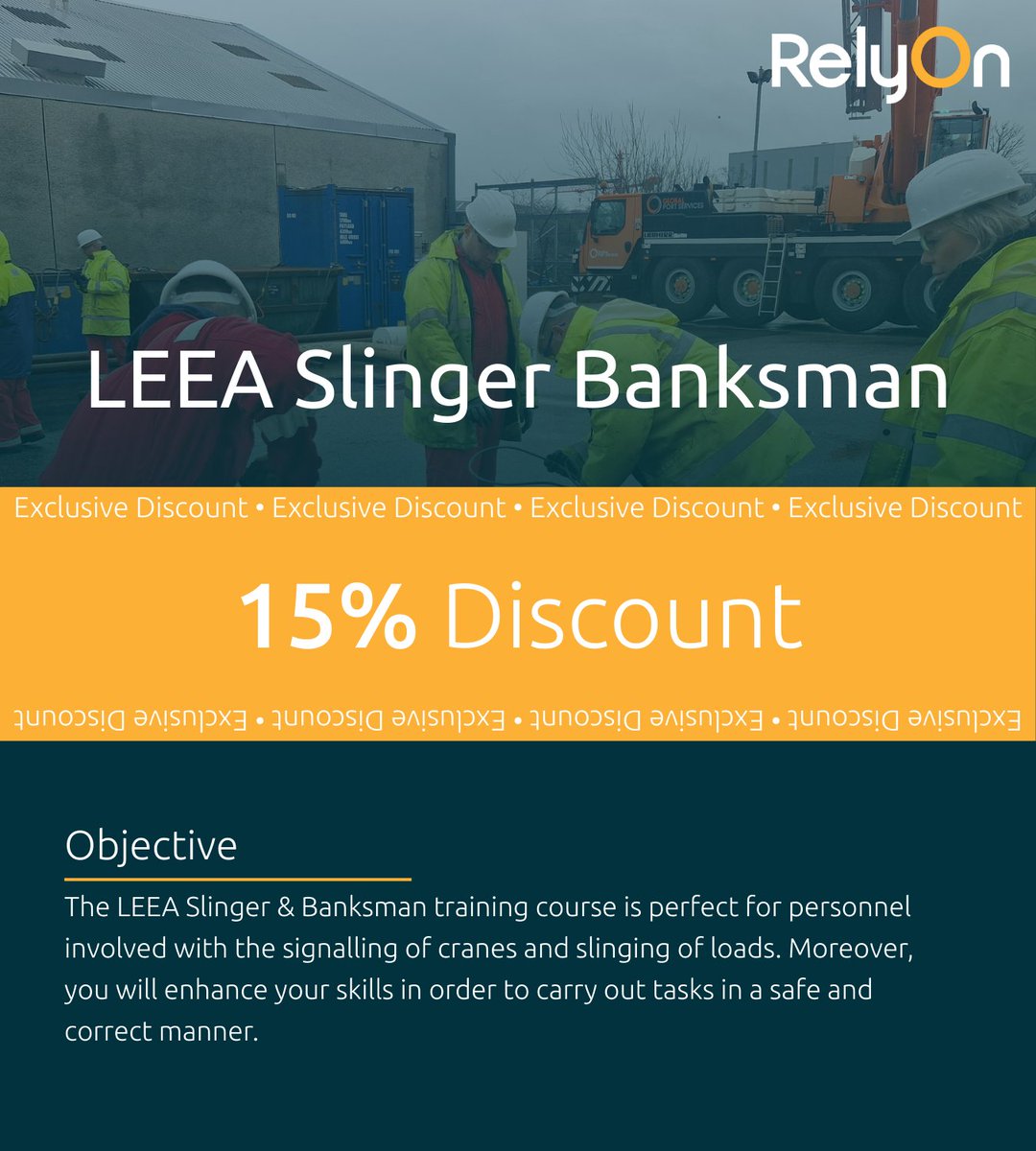 Are you looking to complete the LEEA Slinger Banksman? We have spaces on an upcoming course at our new Liverpool centre on the 16th - 17th September and we are offering 15% off!

Claim your discount you must book thorugh our team👇
📞 01224 225100
📧 bookings.uk@relyon.com