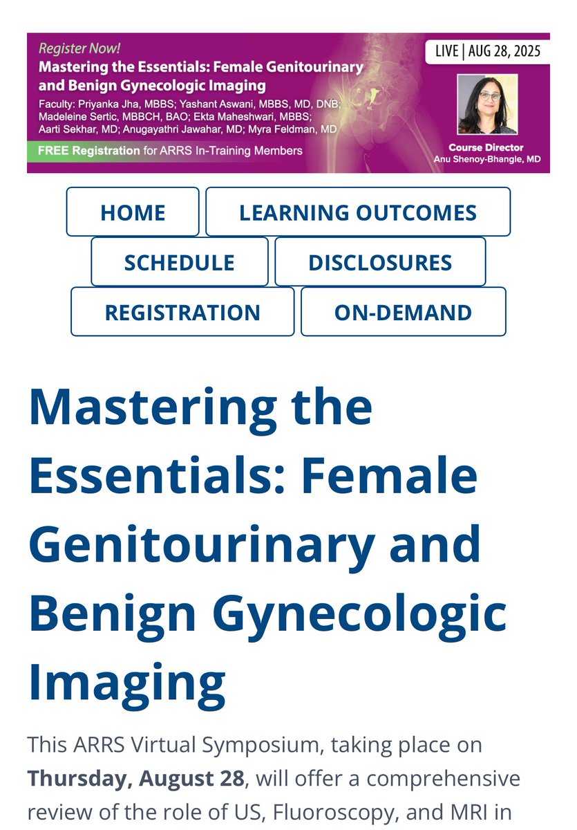 AnugayathriRads's tweet photo. Join us LIVE TODAY for ARRS symposium on “Mastering the Essentials: Female Genitourinary and Benign Gynecologic Imaging” today 12 - 4.30 pm EST.
Free registration for in-training members. #ARRS @ashenoybhangle @aartirad @YashantAswani @PriyankaJhaMD https://t.co/oh7eeXvj36