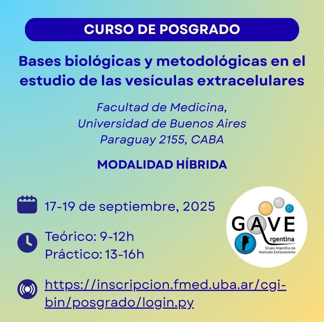 gave_arg's tweet image. ‼️🧪 Ya está abierta la inscripción al curso GAVE sobre vesículas extracelulares.
Aranceles: $90.000 argentinos / $270.000 extranjeros
Inscripción en:
inscripcion.fmed.uba.ar/cgi-bin/posgra…
Si ya estás inscripto, completá el formulario:
forms.gle/yCKCxAE35v9yid…
Más info:
cursosgave@gmail.com