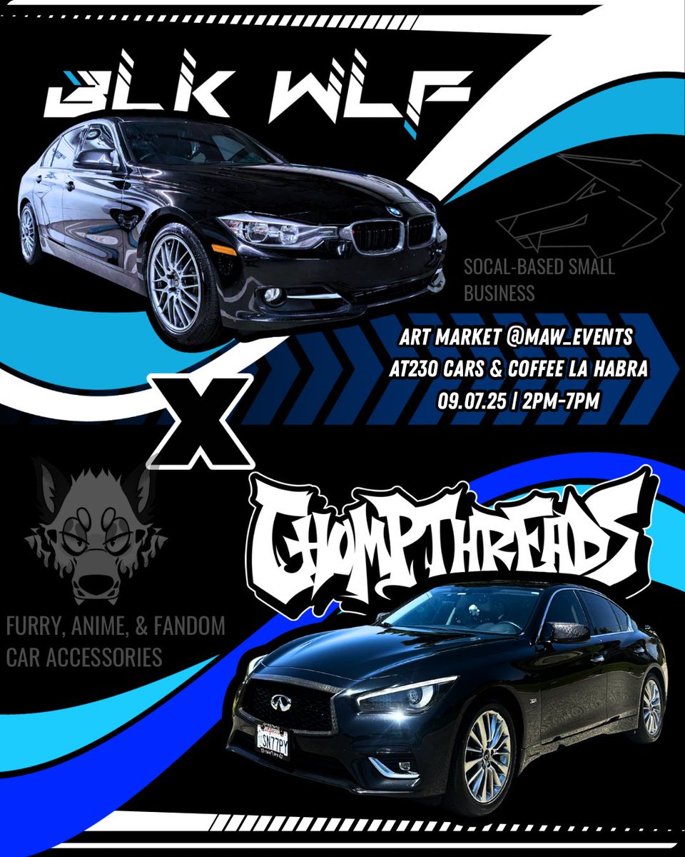 ⚡️CHOMPTHREADS x BLK WLF⚡️
When car culture meets fandom art; Check out the blend of Chompthreads’ artwork + BLK WLF’s sleek logo design 🐾🔥 <a href="/MAW_events/">MAW</a> for Motorized Animal Weekend!
More info ( Pre-Reg / Car Show Parking) :
linktr.ee/maw_

<a href="/BLKWLF95/">BLK-WLF</a>