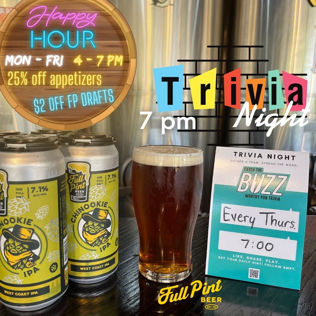 Players assemble b/c it's Trivia Night w/ Buzz Worthy Pub Trivia! Happy Hour runs 4 - 7 pm! <a href="/BuzzworthyPT/">Buzz Worthy Pub Trivia</a>