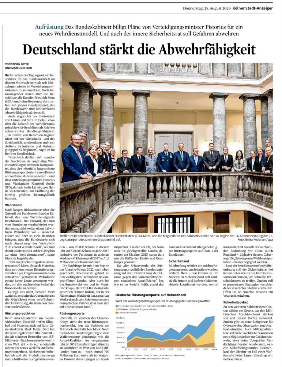 Almanya, 2011’de kaldırdığı zorunlu askerliği geri getiriyor. Her yıl 55.000 genç orduya çağrılacak. Lüneburg’da Avrupa’nın en büyük silah fabrikası açılıyor. Ayrıca hibrit tehditlere ve siber saldırılara karşı bir Ulusal Güvenlik Konseyi kurulacak. Başbakan Merz: “Bu, yalnızca