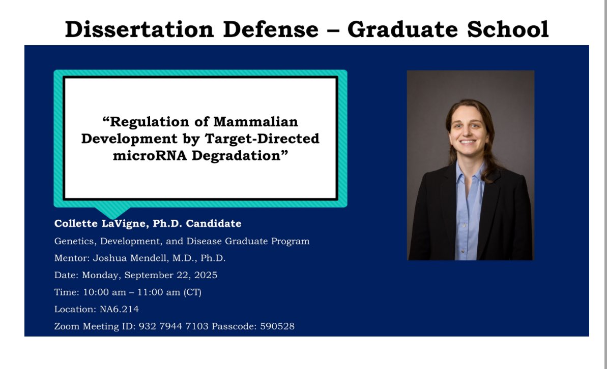UTSW_MODTS's tweet image. 🚨Another MODTS student, Collette LaVigne, will be defending her thesis on Monday, September 22!🚨 Tune in online or come in person!