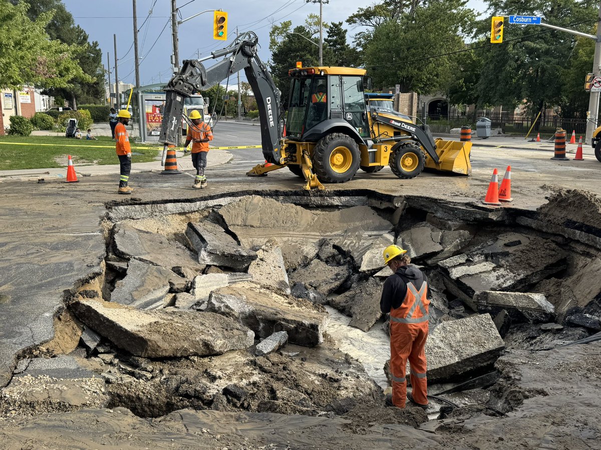 A heads up for East York drivers, Coxwell and Cosburn is closed.  A water-main break has caused a sinkhole to swallow up a huge section of the intersection.  Repairs will last into tomorrow.