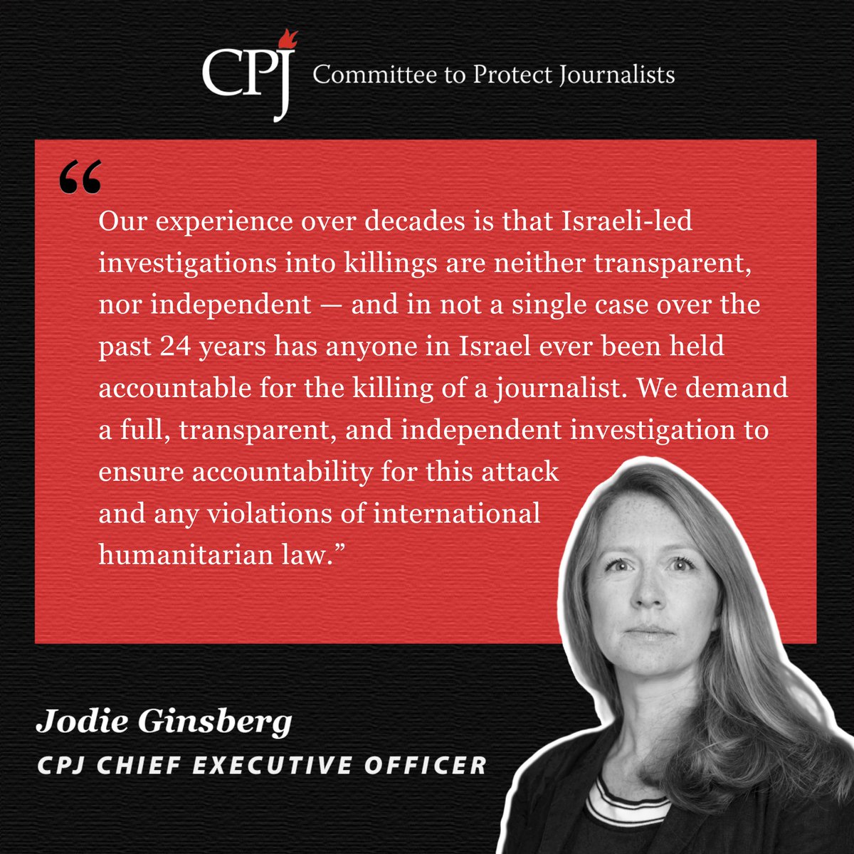 CPJ calls for an independent investigation into Israel’s killing of five journalists by multiple strikes on Nasser Hospital in #Gaza.🚨 The press cannot function under fire. When journalists die without answers, truth dies with them.

Read more: cpj.org/2025/08/cpj-de…
