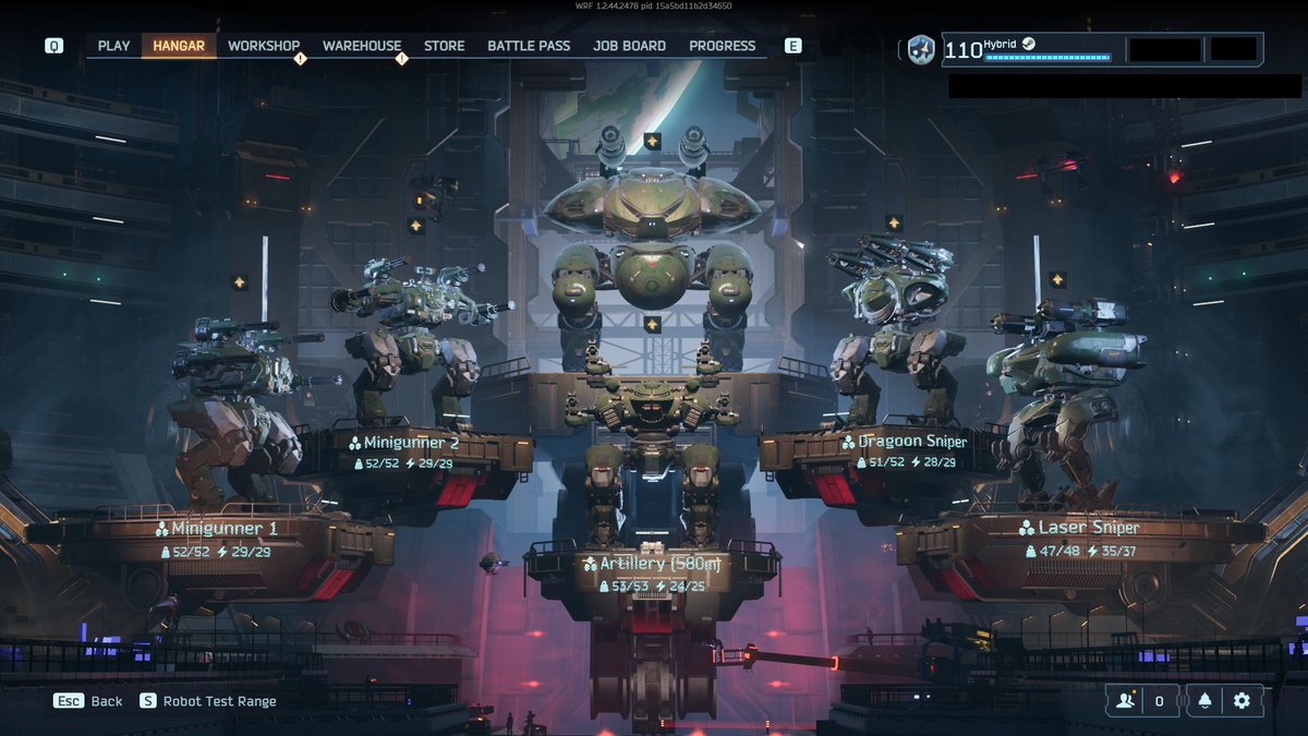 My current hangar in #WRFrontiers.

I think it's important to have a variety of roles for the different modes. A couple brawlers, AOE, and snipers covers the bases. Matriarch is my favorite Titan and is always a strong performer.