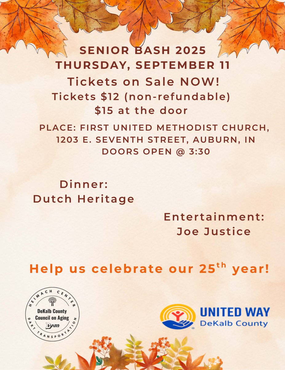 🍂🎉 Celebrating 25 years! 🎉🍂

Join DeKalb County Council on Aging tomorrow for Senior Bash 2025! 🎊 

📅 Thursday, September 11
📍 First United Methodist Church
⏰ Doors open at 3:30 PM
🎟️ Tickets: $12 in advance | $15 at the door

 #UnitedWayDeKalbCounty #UnitedIsTheWay