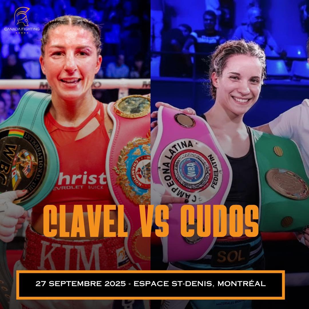 En conferencia de prensa Yvon Michel (GYM) confirmó que la ex campeona mundial Kim Clavel se enfrentará a la argentina Sol Cudos el 27 de septiembre en Espace St-Denis de Montreal por el campeonato mundial de 105 libras de la FIB.
📷Canada Fighting
 #ClavelCuds