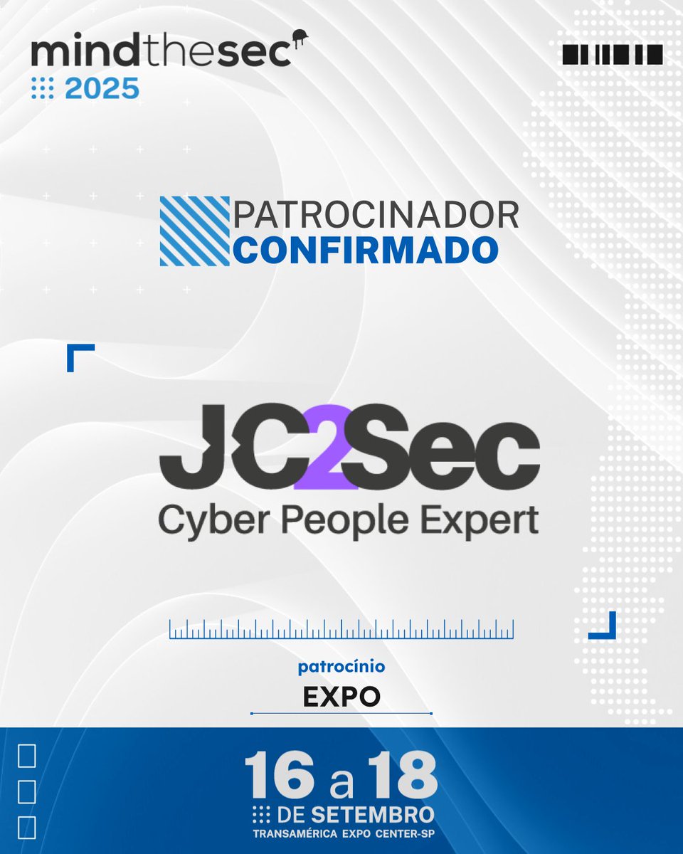 🚀 Patrocinadora confirmada no Mind The Sec 2025: JC2Sec.

📌 A JC2Sec é uma empresa de ciberseguranca que oferece soluções especializadas para proteger e fortalecer a segurança digital. Atua com TPRM, GRC, Cloud Security e Proteção de Dados. Representante Bitsight no Brasil.
