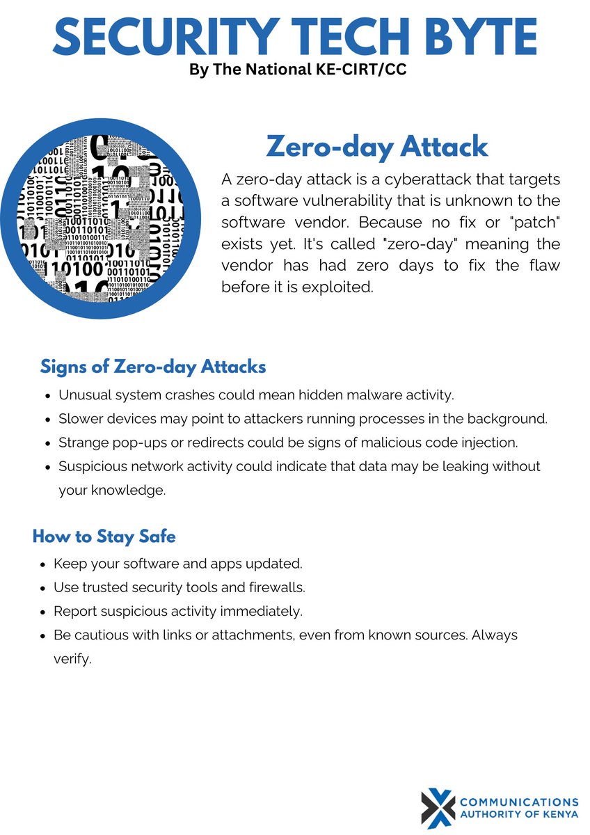 Imagine a hidden weakness in your software that hackers already know about, but you are unaware of. That's the essence of a Zero-Day Attack.
#BeCyberSmart #CybersecurityTips #Zerodayattack
