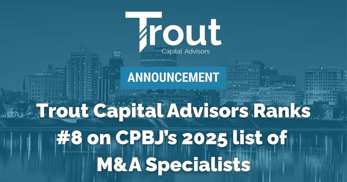 Trout Capital Advisors is pleased to have been ranked #8 on the Central Penn Business Journal's 2025 list of Mergers &amp; Acquisitions Specialists. 

Learn more about Trout Capital Advisor's M&amp;A services at bit.ly/4lUMqen
 
#MergersAndAcquisitions #CentralPA