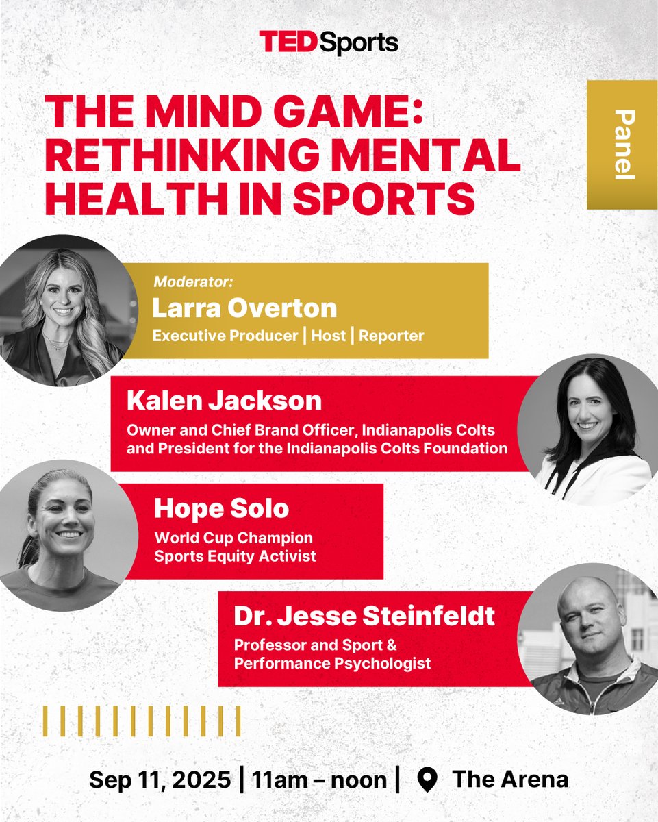 TEDSports Indianapolis (@tedsportsindy) on Twitter photo Join some of the most impactful voices in sports for: “The Mind Game: Rethinking Mental Health in Sports.” This isn’t just a discussion — it’s a movement.
🎤 Moderator: <a href="/LarraOverton/">Larra Overton</a> – Emmy-winning Executive Producer and Host whose storytelling has inspired fans across the Join some of the most impactful voices in sports for: “The Mind Game: Rethinking Mental Health in Sports.” This isn’t just a discussion — it’s a movement.
🎤 Moderator: <a href="/LarraOverton/">Larra Overton</a> – Emmy-winning Executive Producer and Host whose storytelling has inspired fans across the