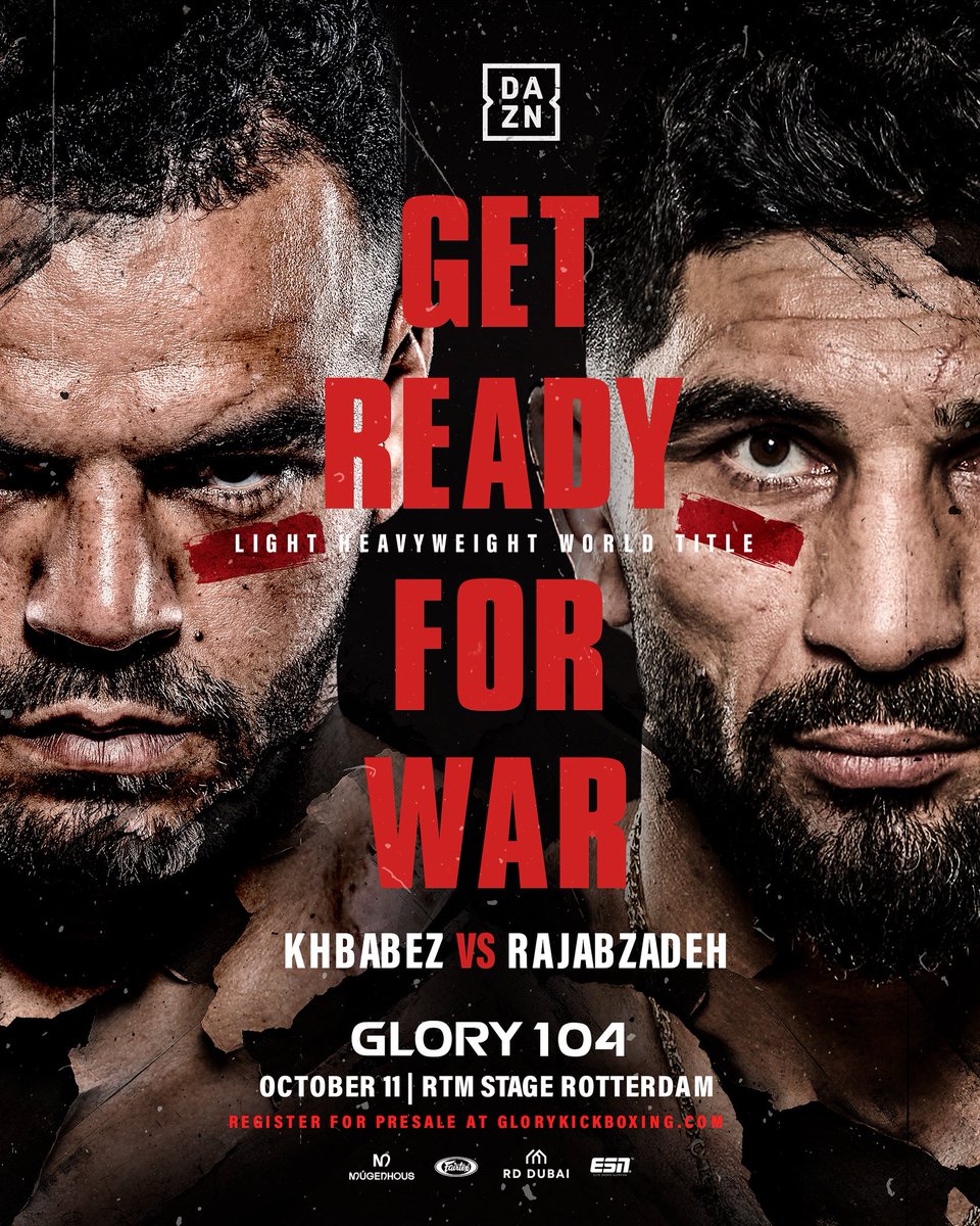🚨𝗚𝗘𝗧 𝗥𝗘𝗔𝗗𝗬 𝗙𝗢𝗥 𝗪𝗔𝗥!

Tarik Khbabez vs. Bahram Rajabzadeh for the Vacant Light Heavyweight Title at #GLORY104 in Rotterdam!🔥

Sign up for the #GLORY104 pre-sale now at glorykickboxing.com

#GLORY104 | OCT 11 | RTM Stage, Rotterdam