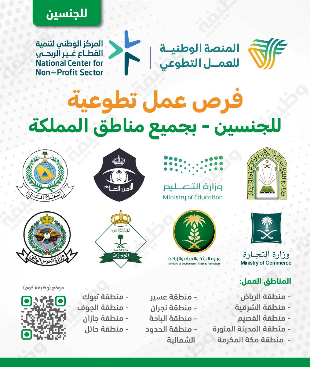 WadhefaDotCom's tweet photo. 🟩 للجنسين (حضورياً أو #عن_بعد) بجميع مناطق المملكة:

📋 (للابتدائية، المتوسطة، الثانوية، الدبلوم، فأعلى)

📋فرص عمل تطوعية

⭐ بوزارة الشؤون الإسلامية
⭐ وزارة التعليم
⭐ وزارة التجارة
⭐ الجوازات
⭐ الأمن العام
⭐ الدفاع المدني، وجهات أخرى

التفاصيل: https://t.co/BTCr8RUADF https://t.co/CiwZNTYDdX