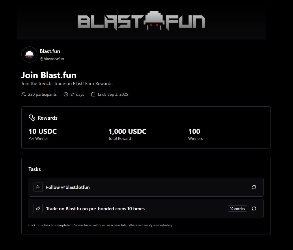 QUEST TO EARN 🪂

<a href="/blastdotfun/">blast.fun 🪖</a> is the first project to launch this Airdrop feature on <a href="/GiveRep/">GiveRep</a>

🎁 Rewards: 1000 USDC

Follow and trade on Blast to be eligible to win the prizes!

Like, RT and drop your #Sui wallet address 👇