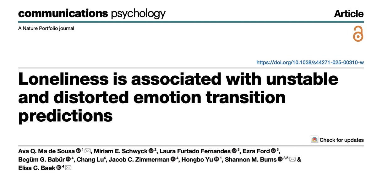 So excited to share that my first first-author paper is out in <a href="/CommsPsychol/">Communications Psychology</a> 🎉 

In a mini-meta analysis of seven studies, we looked at whether loneliness is related to altered expectations of one’s own and others' emotion transitions. 
(1/4)

nature.com/articles/s4427…