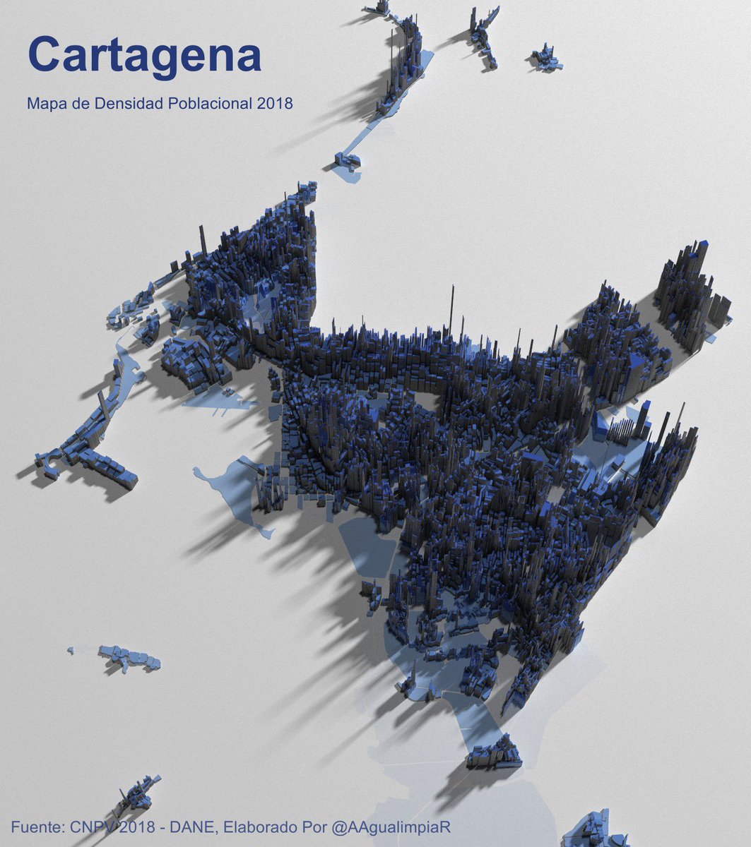 📊🌆 Cartagena en 3D
Mapa de Densidad Poblacional elaborado en #R

Con el uso de librerías #rayrender, #rayshader, #showtext, #extrafont

Cada bloque representa la concentración de habitantes por zona, mostrando las áreas más densificadas en Cartagena

 #AnalisisEspacial #RStats