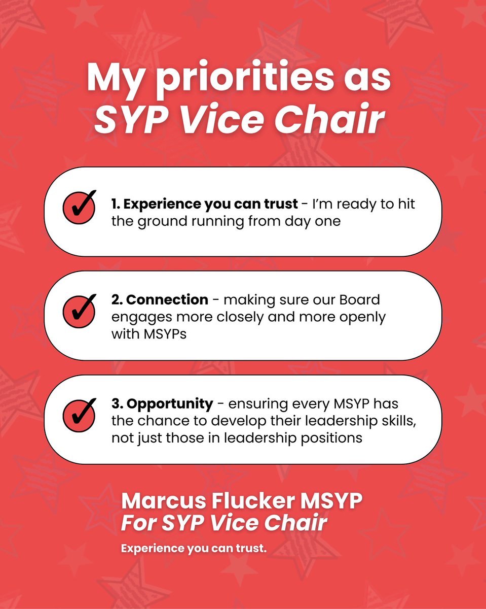 ⏳ SYP doesn’t have time for learning on the job – good thing I’m ready to hit the ground running from day one. 

🗳️ MSYPs - vote experience you can trust. 

1️⃣ Vote Marcus Flucker number 1 for Vice Chair at this AGM!