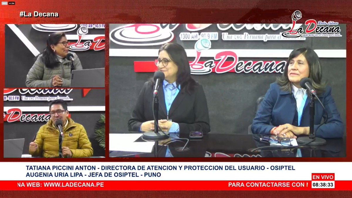 OSIPTEL's tweet image. #PUNO 🔴 La directora de Atención y Protección del Usuario del OSIPTEL, Tatiana Piccini, junto con la jefa de la #ORS Puno, Eugenia Uría, brindan una entrevista a radio #LaDecana, de Juliaca, para informar sobre las acciones que el regulador viene realizando en la región.
