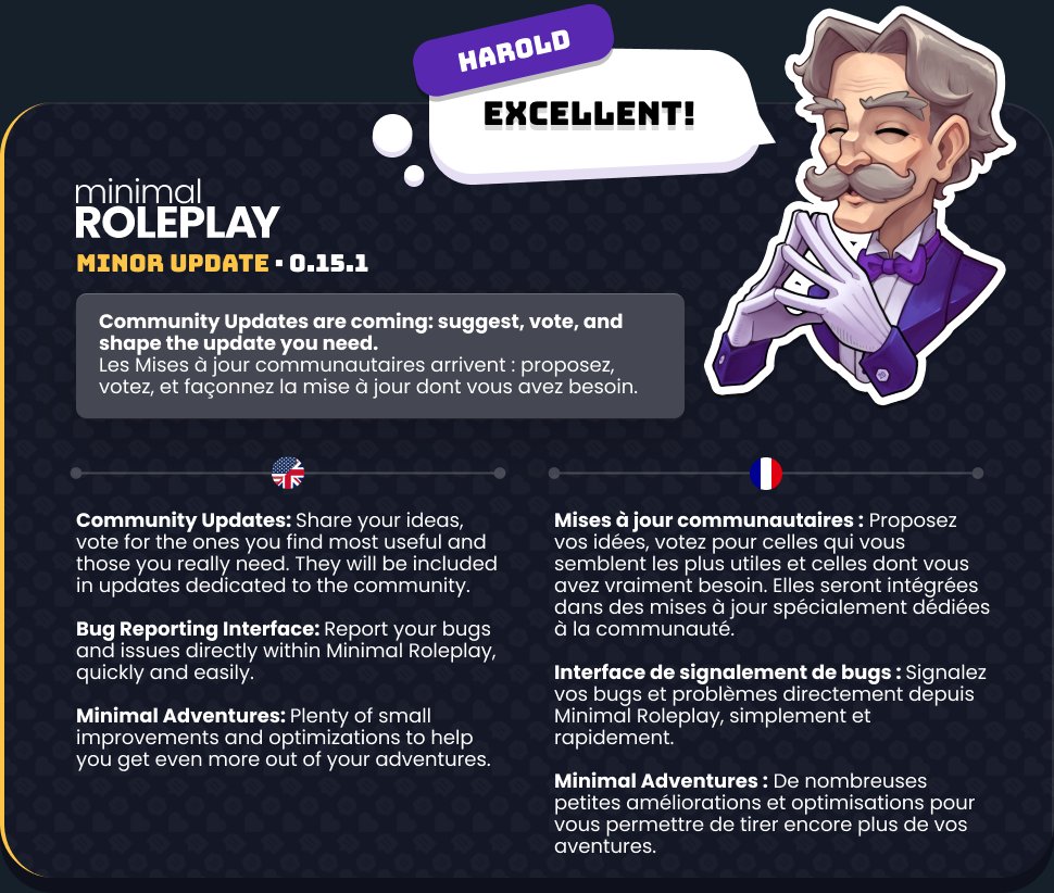 Minor Update · 0.15.1 · Community updates

· Please note: the suggestions and bug reports currently on Discord will not be transferred to the Minimal Roleplay interfaces. The reasons are as follows: many of them are no longer relevant, we have a contribution system (not yet